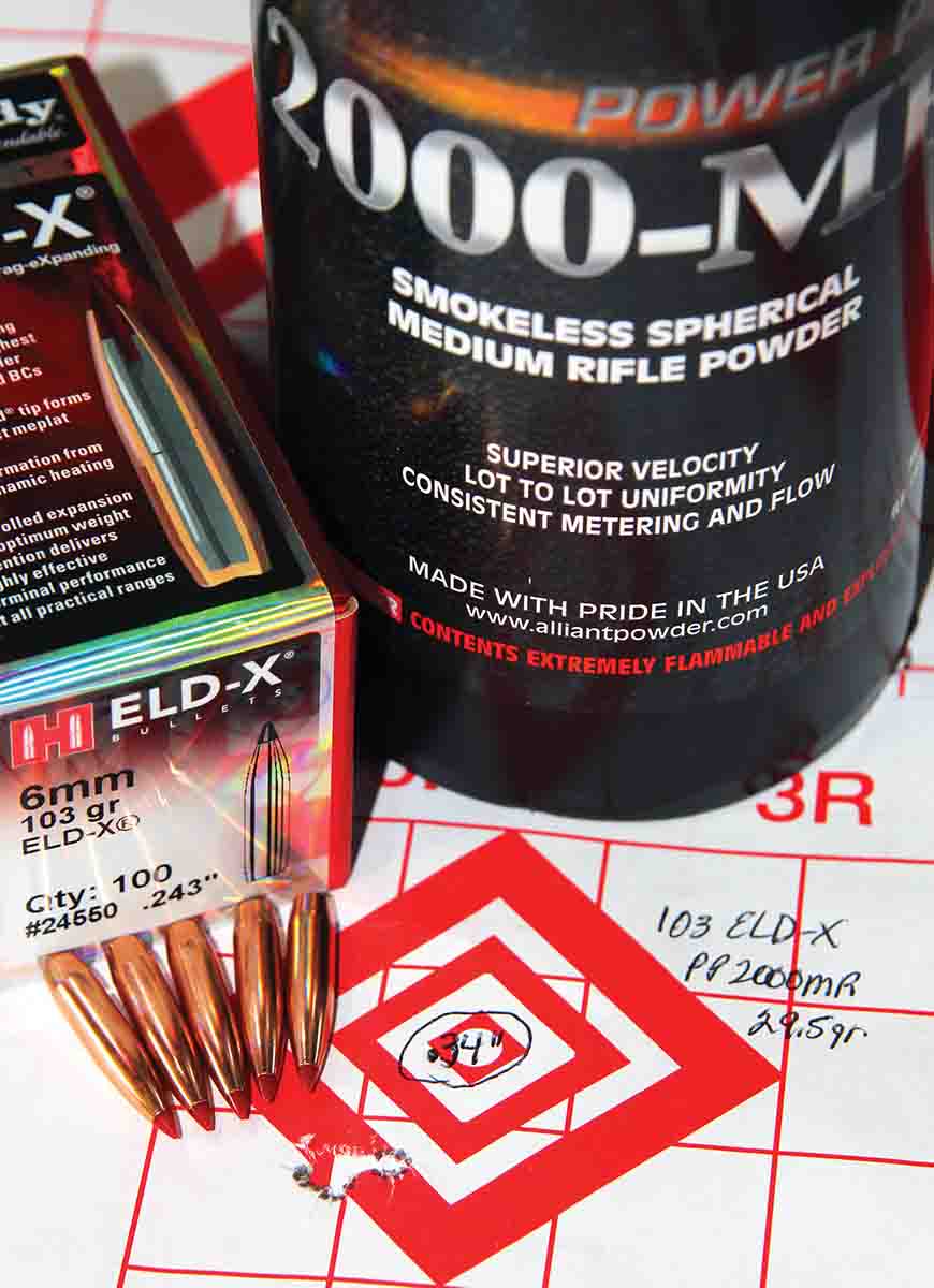 Hornady’s 103-grain ELD-X and 29.5 grains of Power Pro 2000-MR produced this .34-inch group at 2,606 fps from the MPA bolt rifle.
